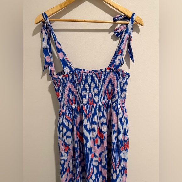 Crown & Ivy Tiered Maxi Dress Blue Pink Ikat Sz Medium Tie Strap Vacation Outift - Picture 9 of 11